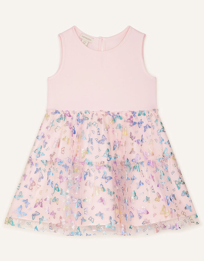 Butterfly Foil Print Tiered Dress, Pink (PINK), large
