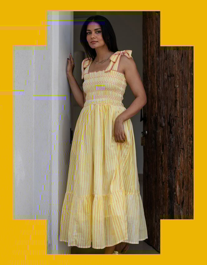 Dilli Grey Yasmin Smocked Stripe Maxi Dress, Yellow (YELLOW), large
