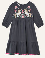 Embroidered Unicorn Long Sleeve Jersey Dress, Grey (CHARCOAL), large
