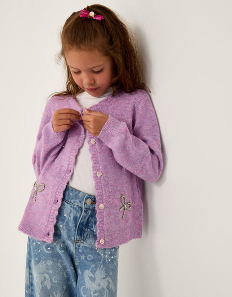 Rhinestone Bow Embellished Cardigan, Purple (PURPLE), large