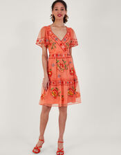Ana Embroidered Tiered Dress in Recycled Polyester, Orange (ORANGE), large