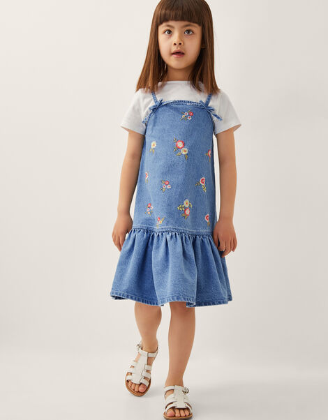 Floral Denim Dress and T-Shirt Set, Blue (BLUE), large