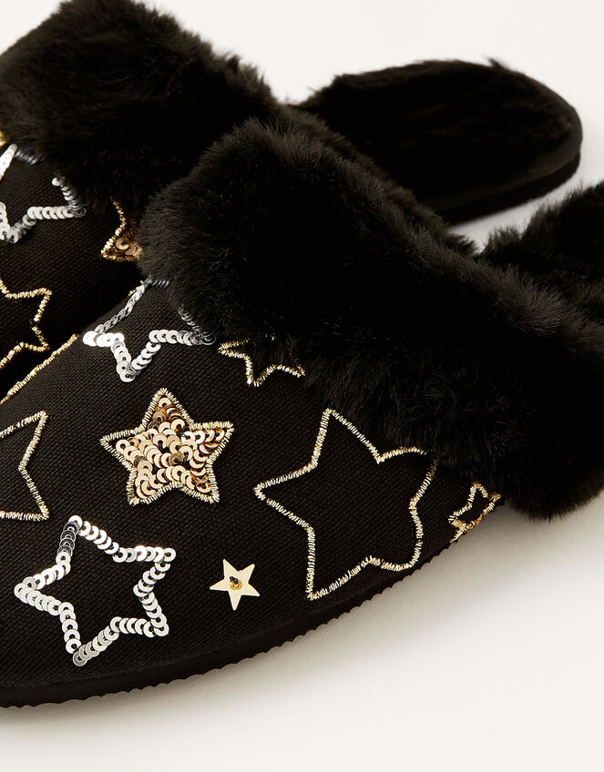 Sequin Star Faux Fur Slippers, Black (BLACK), large