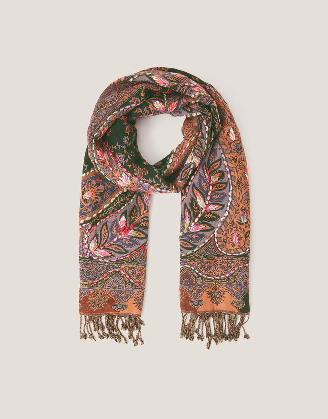 Anne Embroidered Paisley Print Scarf, , large