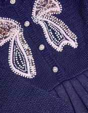 Embellished Bow Knitted Dress, Blue (NAVY), large