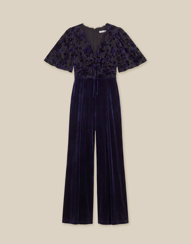 Nadine Floral Devor&eacute; Velvet Jumpsuit, Blue (NAVY), large