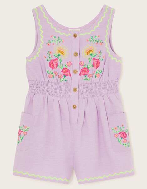Linen Embroidered Playsuit, Purple (LILAC), large
