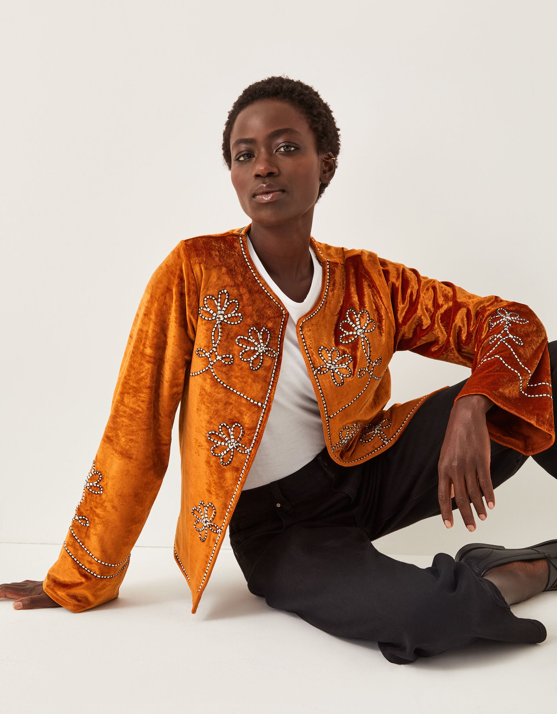 Venus Embroidered Velvet Jacket Orange | Jackets | Monsoon Global.