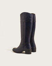 Croc Detail Leather Riding Boots, Blue (NAVY), large
