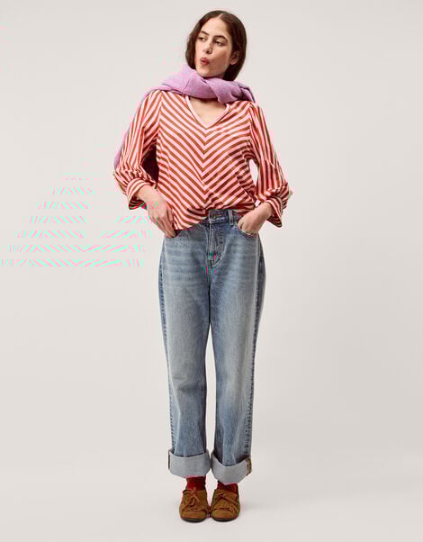 Shayla V-Neck Stripe Jersey Top, Ivory (IVORY), large