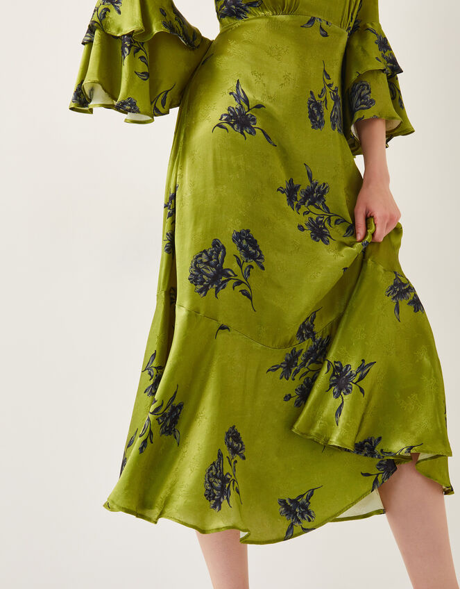 Pelia Satin Ruffle Midi Dress, Green (CHARTREUSE), large