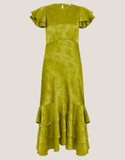 Ester Satin Ruffle Midi Dress, Green (OLIVE), large