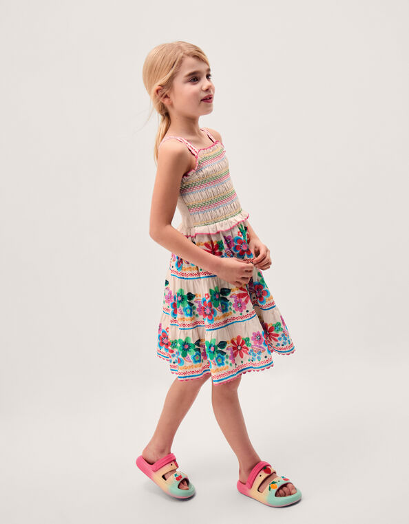 Floral Print Shirred Dress, White (WHITE), large