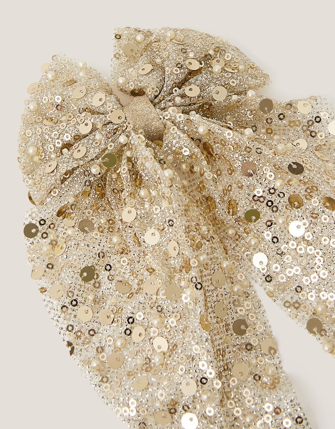 Long Sequin Bow Hair Clip, Gold (GOLD), large