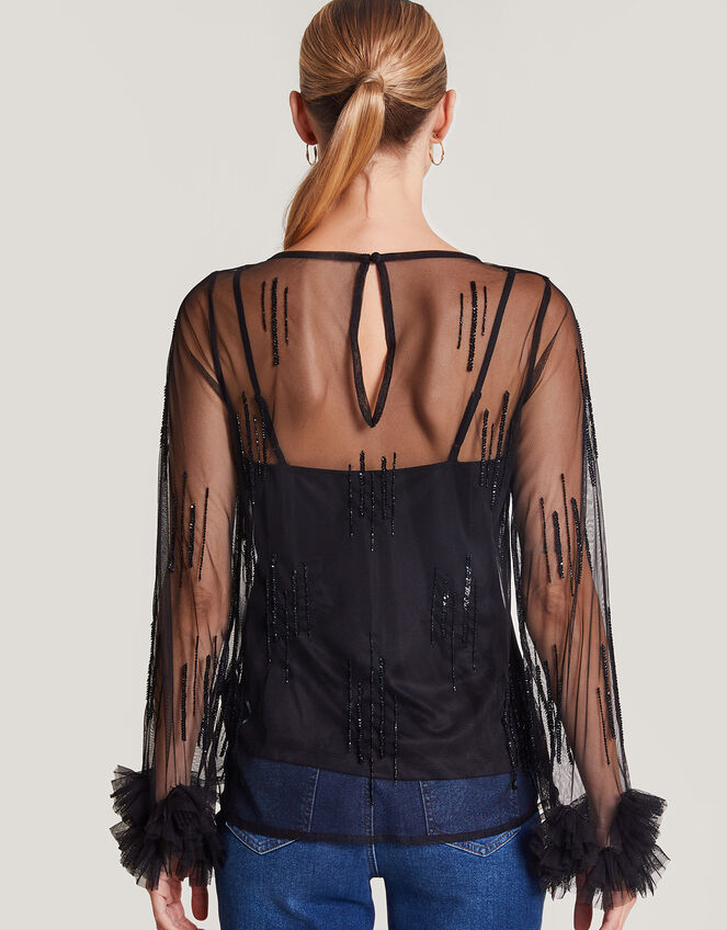 Carmen Sheer Sequin Corsage Top, Black (BLACK), large