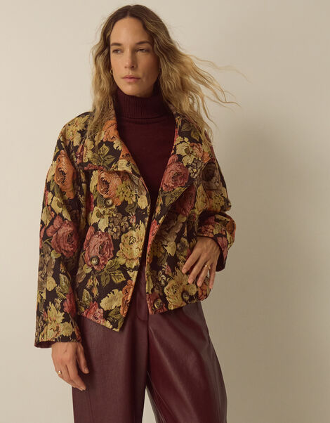 Jessie Funnel Neck Floral Jacquard Jacket, Black (BLACK), large
