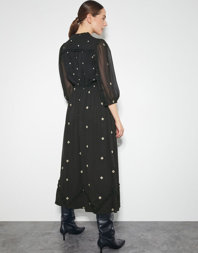 Delilah Sheer Sleeve Embroidered Midi Dress, Black (BLACK), large
