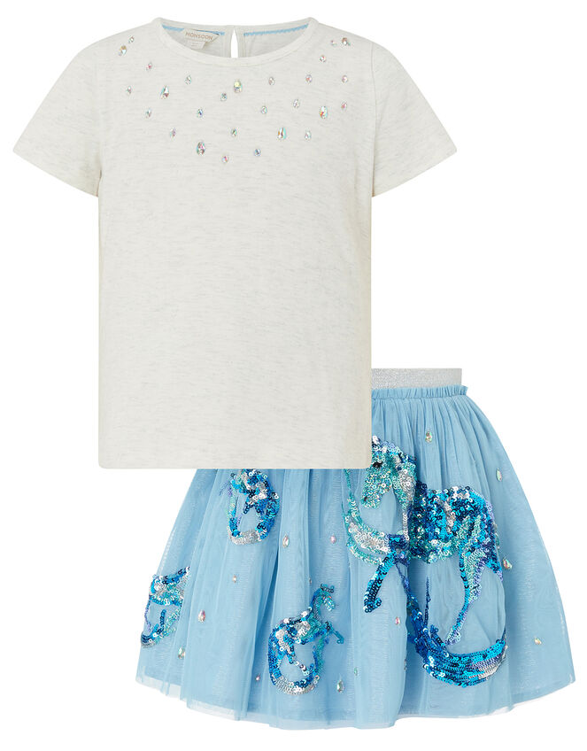 Disco Water Horse Sparkle Top and Skirt Set, Blue (BLUE), large