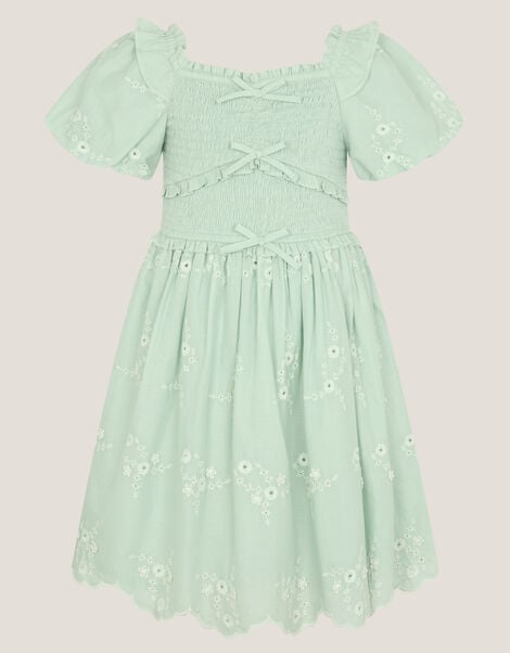 Embroidered Puff Sleeve Smocked Dress, Green (GREEN), large