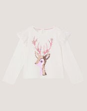 Sequin Christmas Reindeer Long Sleeve Top, Ivory (IVORY), large