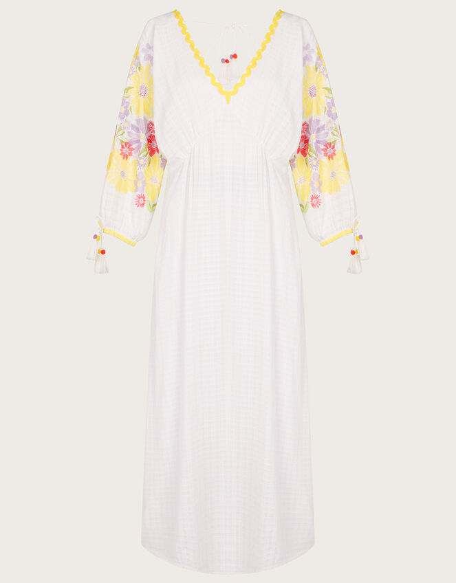 Floral Embroidered Midi Kaftan Dress, White (WHITE), large