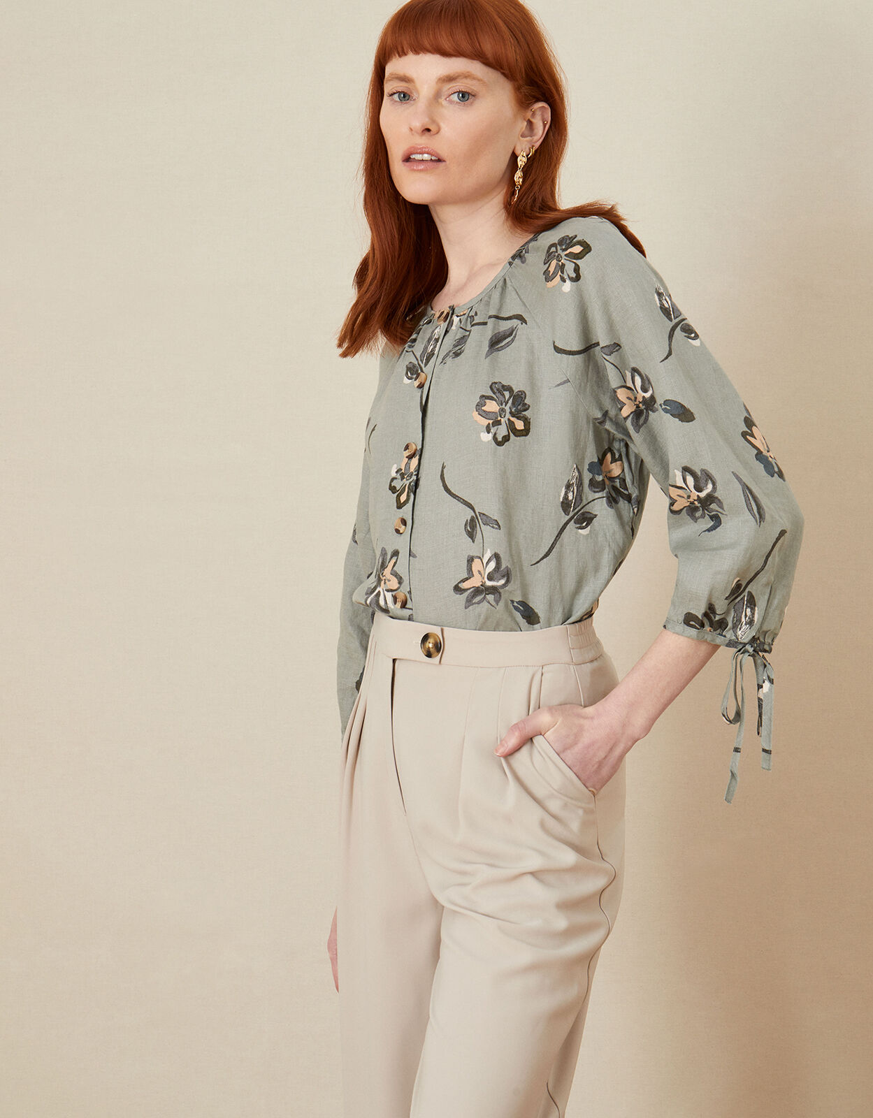 Printed Linen Blouse Green 