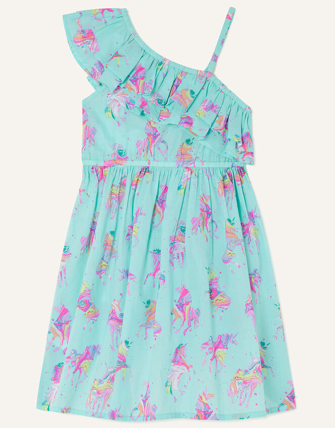 Rainbow Unicorn One-Shoulder Frill Dress, Pink (PINK), large