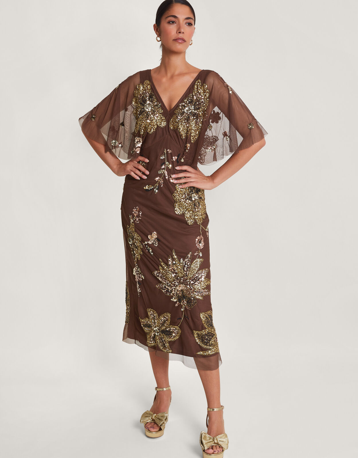 Fia Floral Embellished Dress Brown