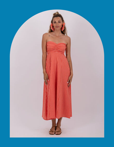 Sundress Amelie Gingham Midi Dress, Orange (CORAL), large