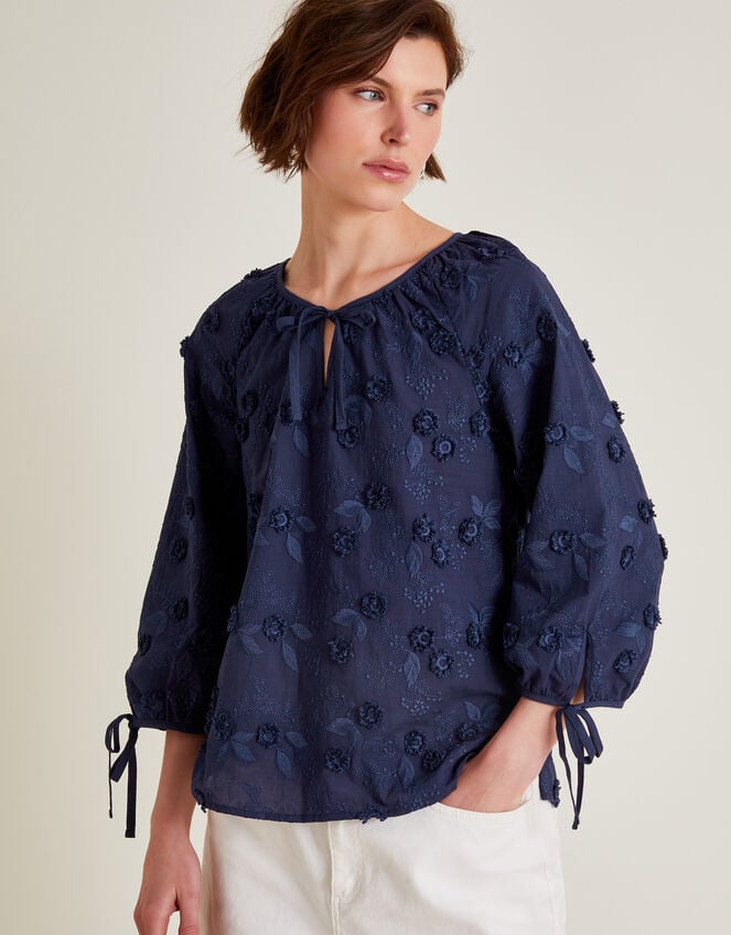 Ivy Floral Embroidered Blouson Blouse, Blue (NAVY), large