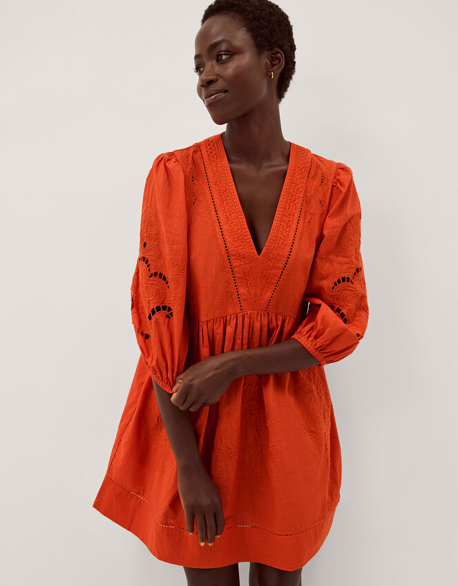 Noelle Embroidered Mini Dress, Orange (ORANGE), large