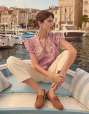 Greta Embroidered Gingham Top, Red (RED), large