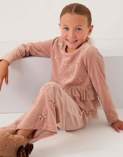 Embellished Tulle Tiered Velour Top, Pink (PINK), large