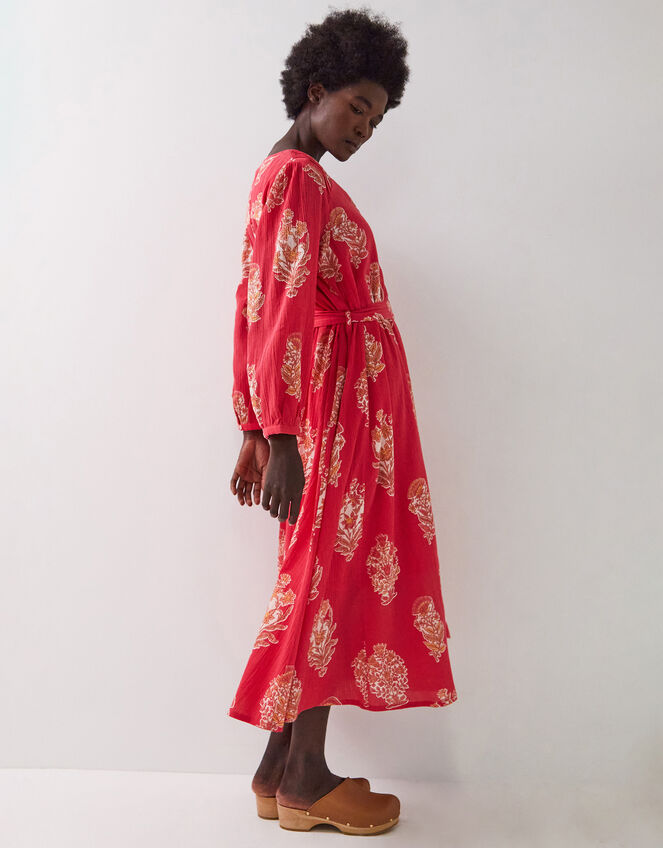 East Floral Print Belted Midi Dress, Red (RED), large