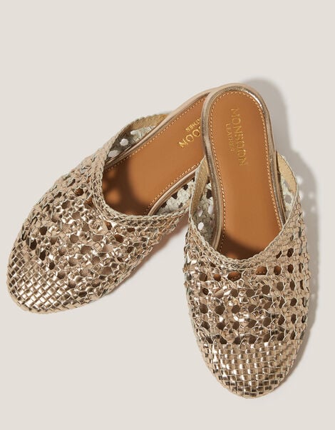 Bella Braided Leather Slipper Sandals, Gold (GOLD), large