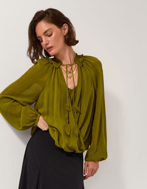 Ellie Frill Neck Wrap Blouse, Green (KHAKI), large