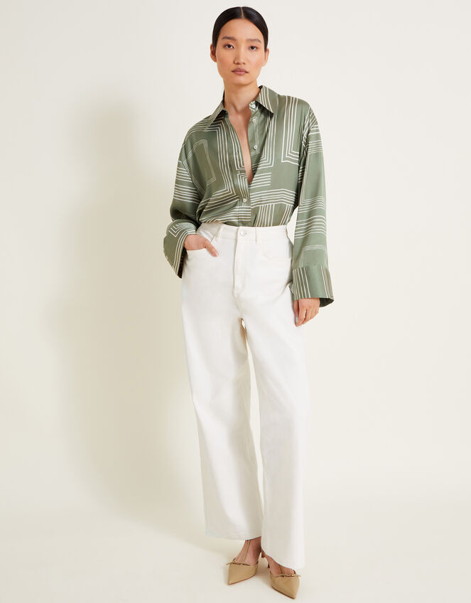 Anica Print Satin Shirt, Green (KHAKI), large