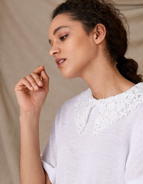 Short Sleeve Collar Jumper in Linen Blend Ivory, Ivory (IVORY), large