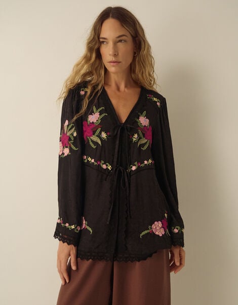 Yara Floral Embroidered Lace Trim Top, Black (BLACK), large