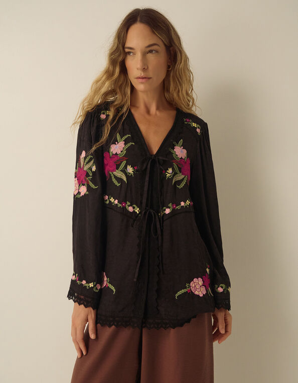 Yara Floral Embroidered Lace Trim Top, Black (BLACK), large