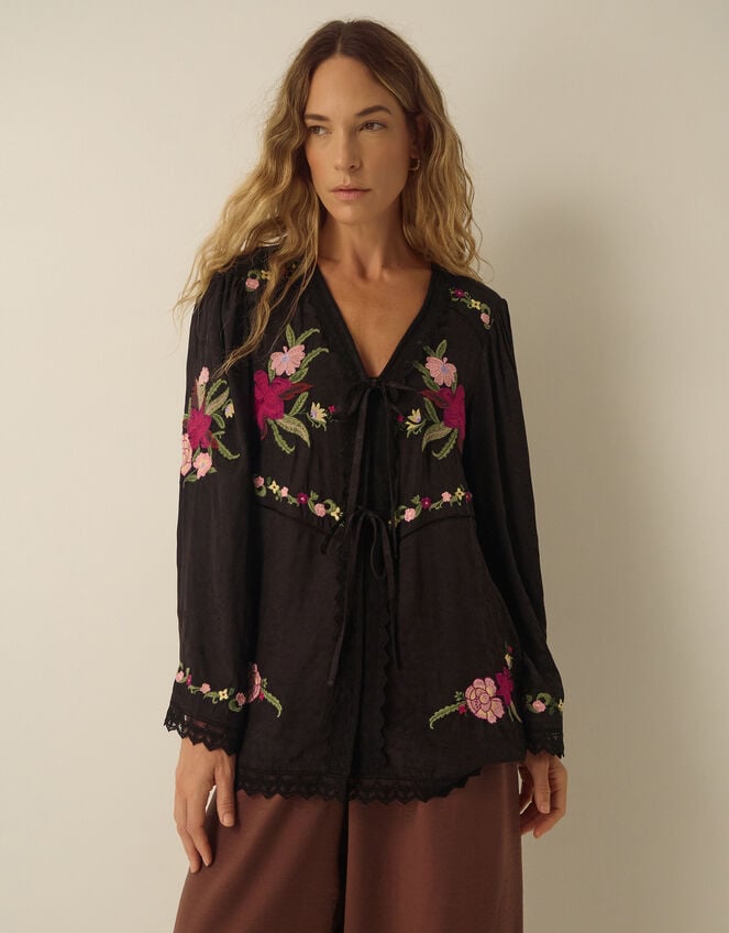Yara Floral Embroidered Lace Trim Top, Black (BLACK), large