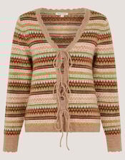 Fran Front Tie Fair Isle Cardigan, Natural (NATURAL), large