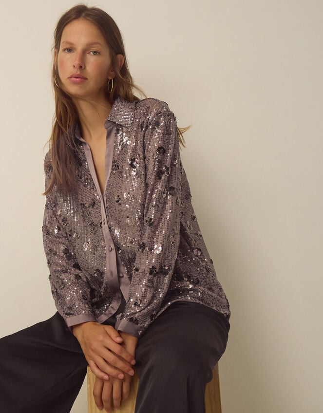 Seema Long Sleeve Sequin Shirt, Mink (MINK), large