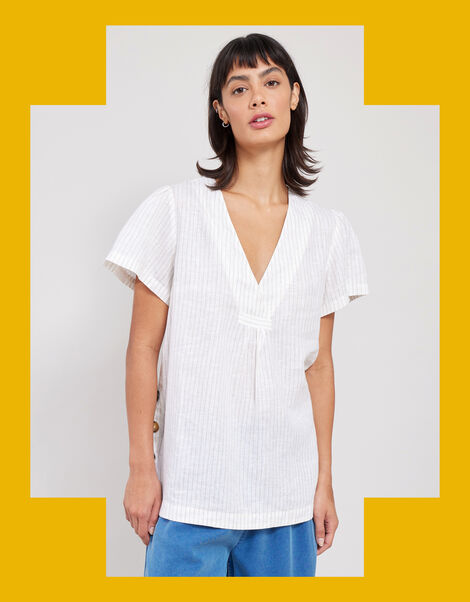 East Zahra Pinstripe Linen-Blend Top, Natural (NATURAL), large