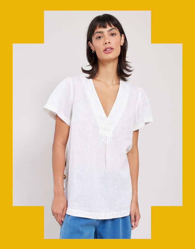 East Zahra Pinstripe Linen-Blend Top, Natural (NATURAL), large