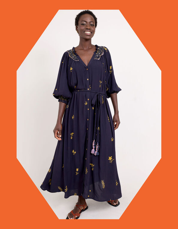 East Miranda Belted Long Sleeve Midi Dress, Blue (NAVY), large