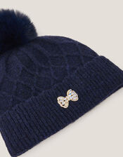 Diamond Bow Pom-Pom Beanie Hat, Blue (NAVY), large