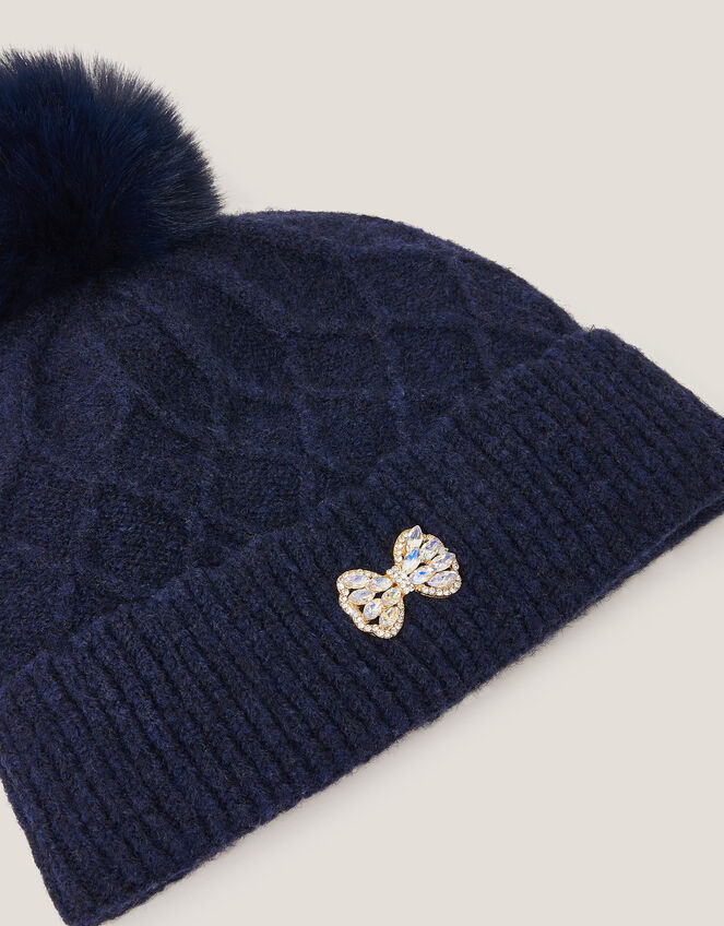 Diamond Bow Pom-Pom Beanie Hat, Blue (NAVY), large