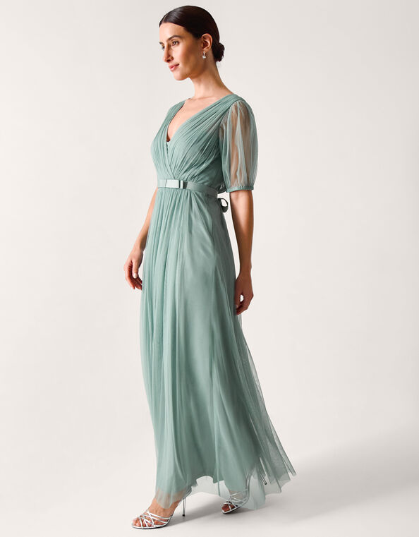 Ellie Sheer Sleeve Plunge Tulle Maxi Dress, Green (SAGE), large