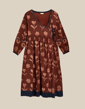 East Zena Hand-Batik Midi Wrap Dress, Brown (BROWN), large